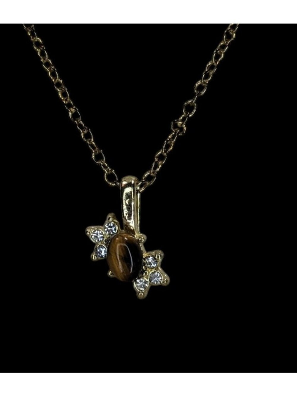 Boho Witchy Nature Tiger Eye Rhinestone Pendant Necklace Gold Tone